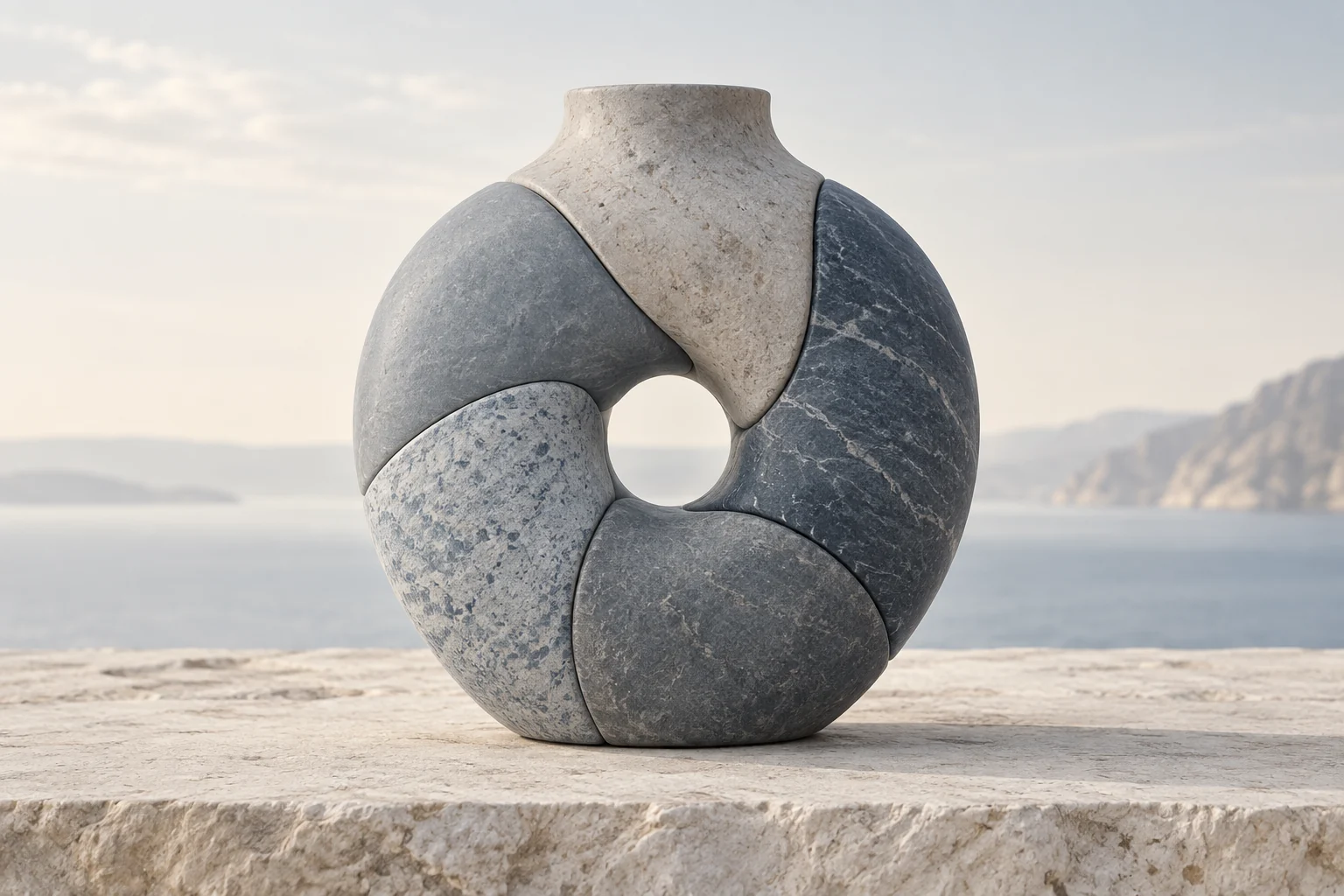 五つの石質の部材が一つの器をつくる静物で、Doverの多様な事業とつながりを表した概念画像。